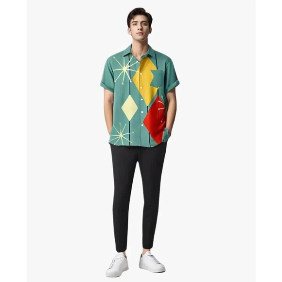 ❤️Men Green Print Short Sleeve Hawaiian Fit Casual  Button Down Beach Shirts - Picture 5 of 7